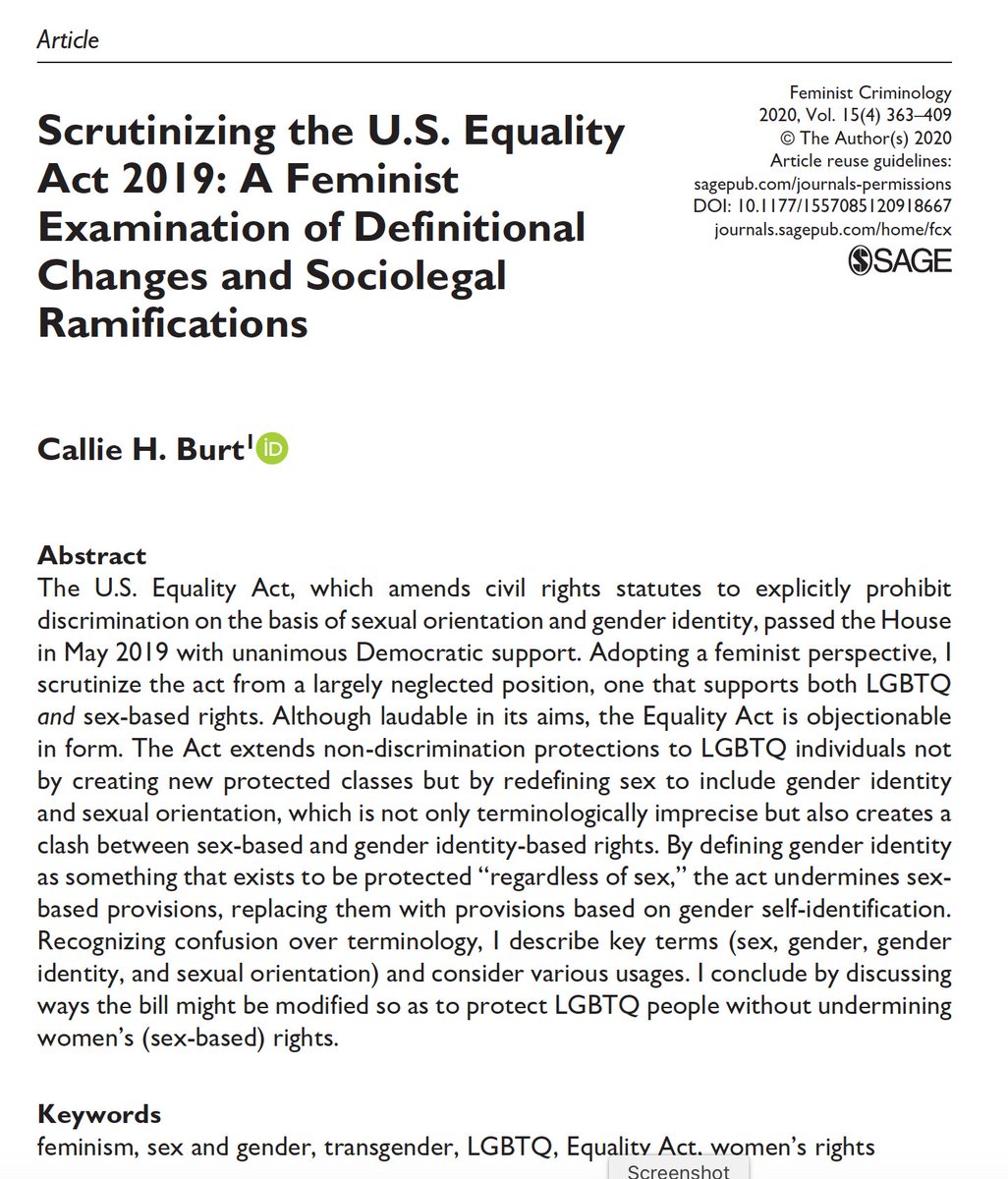 Debates over trans, sex, and gender 1/23: This journal article spells out feminist concerns over recent legal proposals with regard to trans people. A detailed, scholarly expression of feminist, ‘gender critical’ assessment of common arguments. In full:  https://xyonline.net/sites/xyonline.net/files/2020-09/Burt%2C%20Scrutinizing%20the%20U.S.%20Equality%20Act%202019%202020.pdf