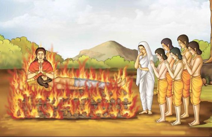 (4/n) Jauhar was also resorted to by Indian women as a way of saving their honour from ruthless invaders.Madri committing Sati after Pandu’s death as Kunti and the 5 Pandava princes watch sadly. 