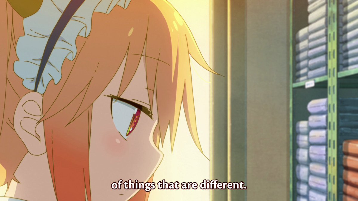 Tohru and Kobayashi have lived in two separate worlds as emphasized by the choice of framing them in their own shots. The last shot of Tohru is closer to her face to highlight how she's thinking more about her experiences with feeling different in the human world.