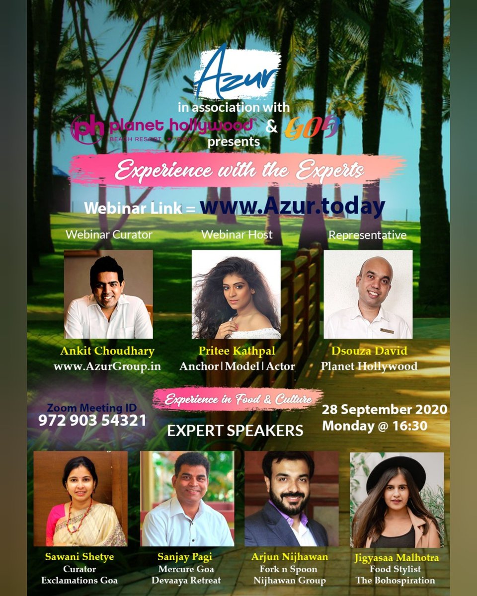 AzurIndia's tweet photo. “Experience with the Experts” - Kick-start your week by joining the free-flowing conversations with the expert speakers about - “Experience in Food and Culture”
Date = 28 September 2020 (Monday)
Time = 4:30 PM to 5:30 PM
Joining Link = https://t.co/ZV63hlvnOd https://t.co/5Yqmk3JDDE