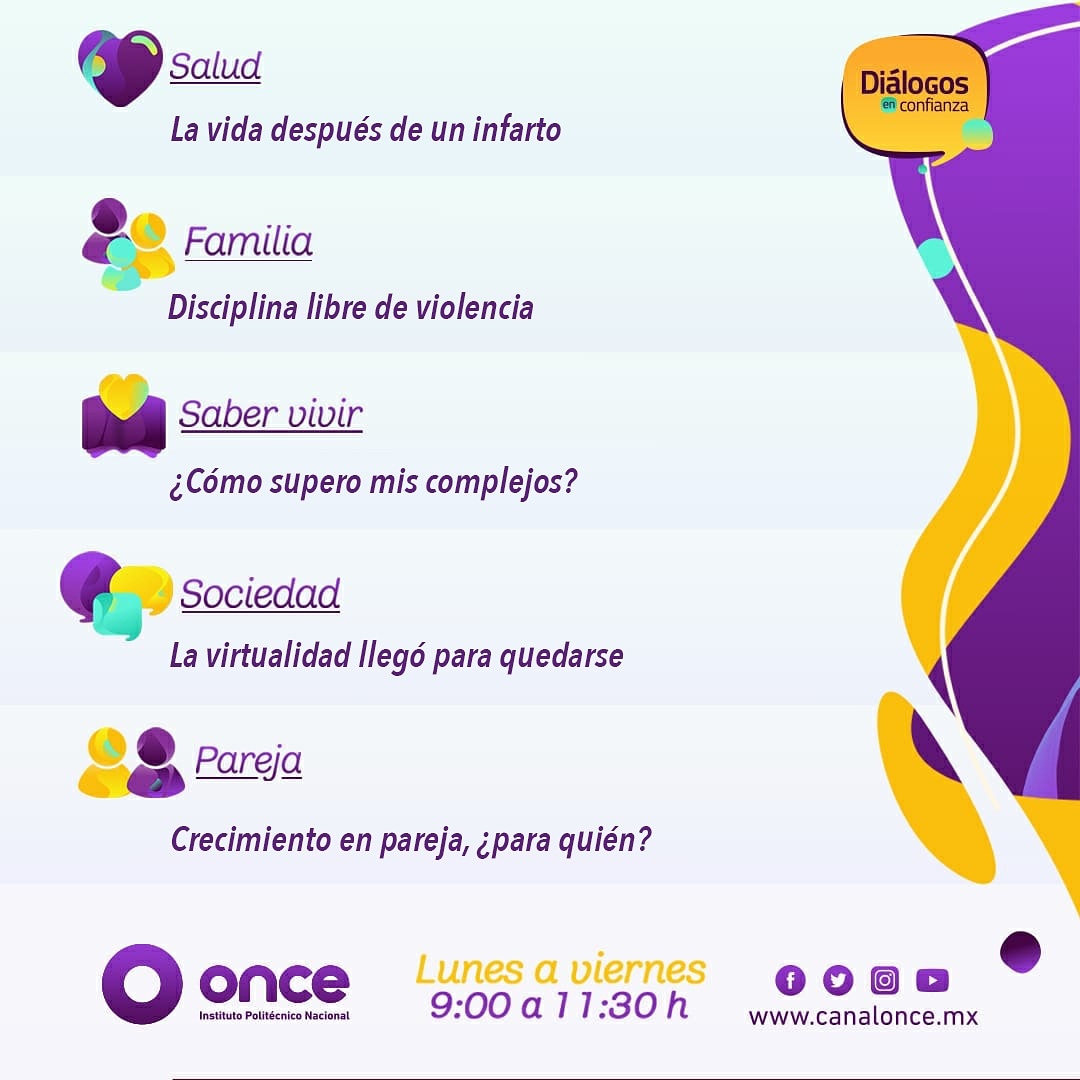 Estos son los temas que tendremos para ti la próxima semana en #DiálogosEnConfianza #NoTeLoPierdas Lunes a viernes 09:00hrs. 

<a href="/pepebandera1/">DOCTORPEPEBANDERA</a> <a href="/CrisJauregui_/">Cristina Jauregui</a> <a href="/Nat_JimenezL/">Natalia Jiménez</a> <a href="/marisaescribano/">Marisa Escribano</a> @sacnite_santana <a href="/carelety/">Lety Carbajal Arellano</a> <a href="/lumiery/">Guadalupe Contreras</a>