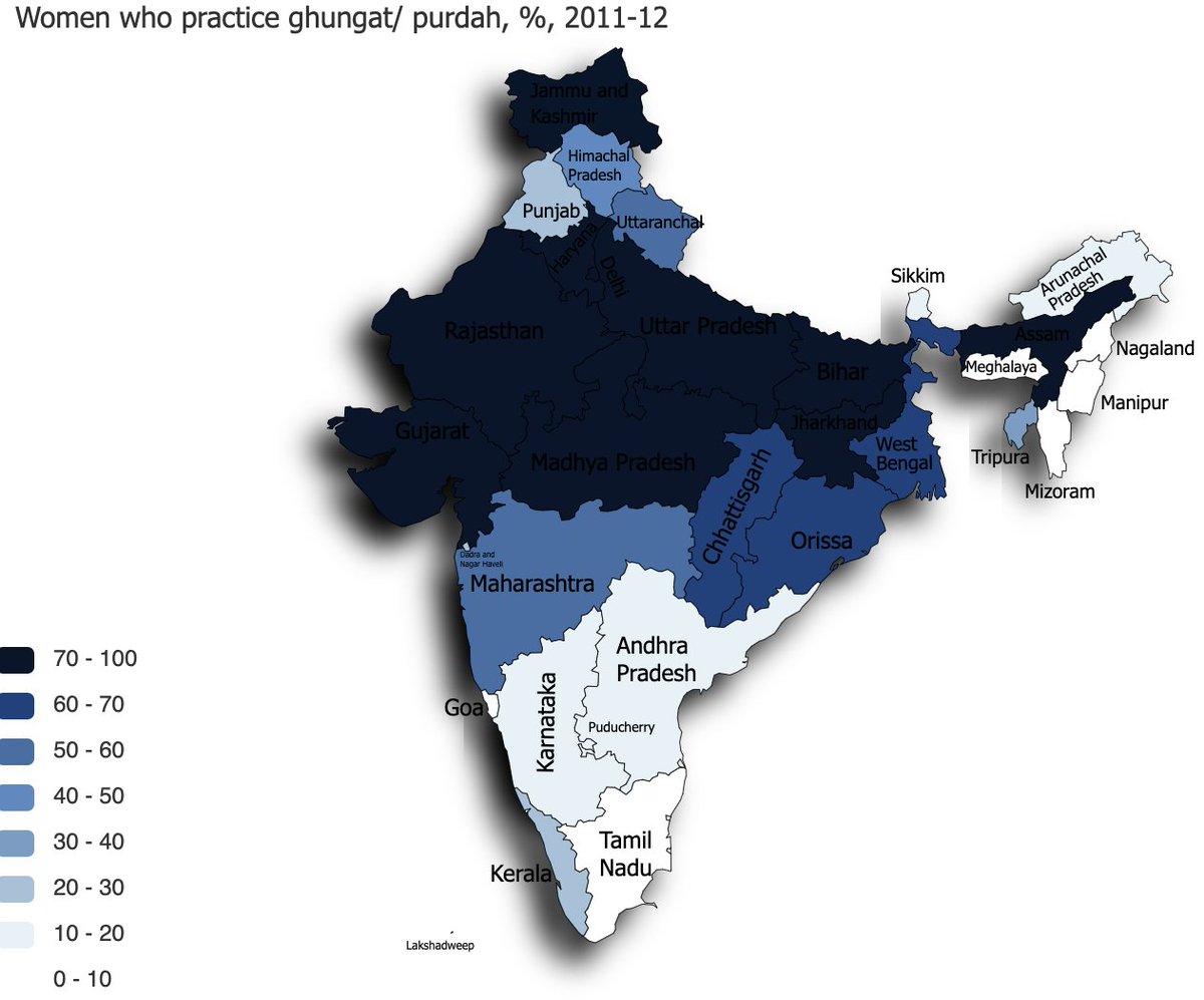 Women who practice ghungat/ purdahData from  https://ihds.umd.edu/  To pre-empt replies, the map template omits disputed regions, & wont let me change the names of Odisha & Uttarakhand95% in Rajasthan, 83% in UPThis is for my forthcoming blog on India's gender divergence