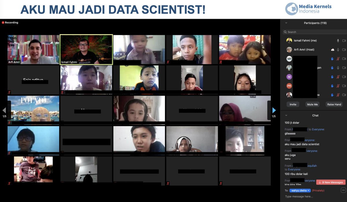 "Aku mau jadi data scientist!""Aku juga. Seru!""100 ribu dolar.""Gilaaaaa.""Bikin coding bisa pake Python sama R.""Aku lagi belajar bahasa hacker."--Itu celoteh anak2 dari usia 6 tahun, rata2 10 tahun di kolom chat. Setelah mendengar paparan di acara  @arfibambani.