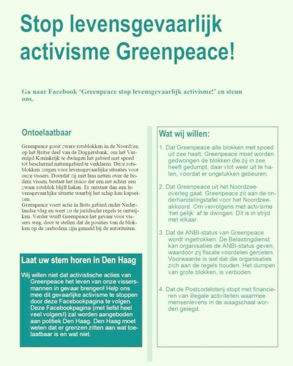 #Petitie gestart tegen levensgevaarlijk Greenpeace- activisme op zee.  

Ondertekenaars eisen o.a.: 
- Keien snel weer opvissen
- Onderhandelingsstop
- Einde aan financiering door <a href="/PostcodeLoterij/">Postcode Loterij</a> 
- Einde ANBI-status. 

Meer info op deze Facebookpagina: 
facebook.com/groups/2952990…
