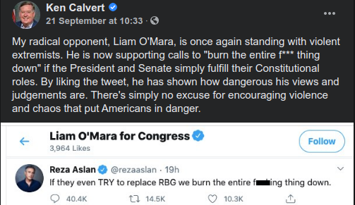 I just noticed that my opponent called @rezaaslan (a professor at UCR) and me 'violent extremists' who 'put Americans in danger' ... over a hyperbolic tweet Aslan made and I liked. The funny thing is, we're both academic scholars of religion. This dishonesty is off the charts.