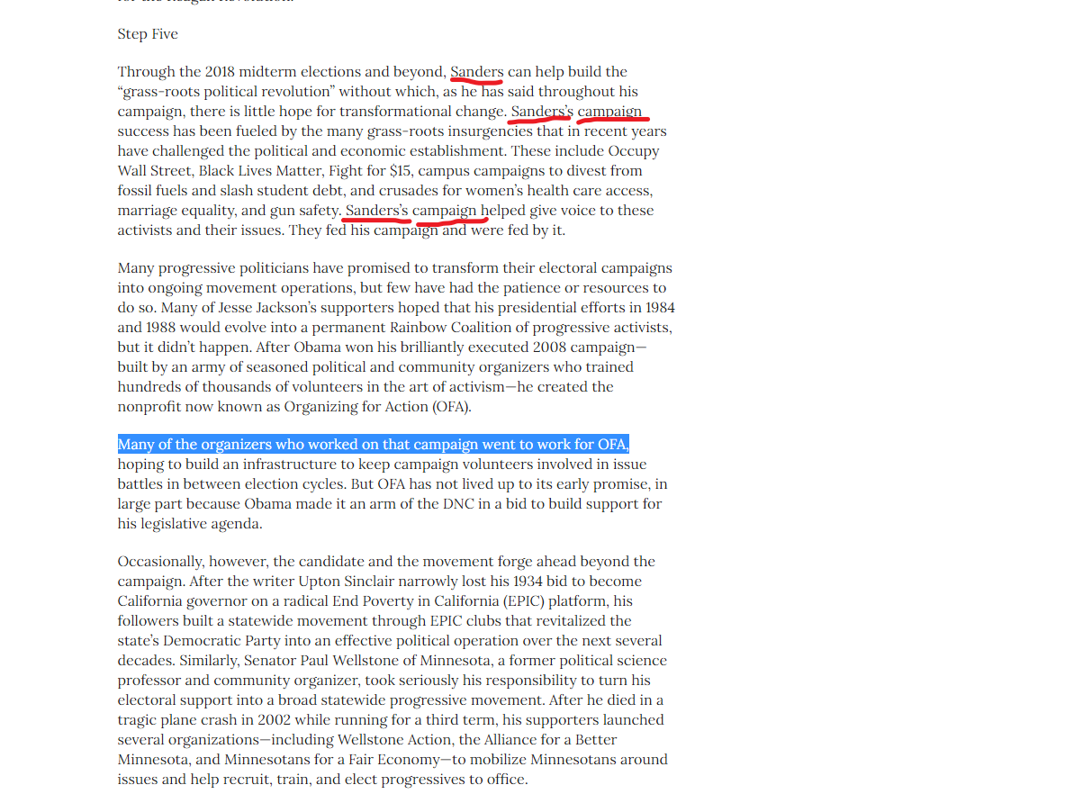 Well, now this is quite interesting... When Marxist Bernie Sanders campaign was over in June 2016, many of his campaign staff went to work for Obamas Organizing For Action (OFA).Well, this would certainly give Obamas org an even greater Marxist slant. https://populardemocracy.org/news-and-publications/five-point-plan-sanders-going-forward