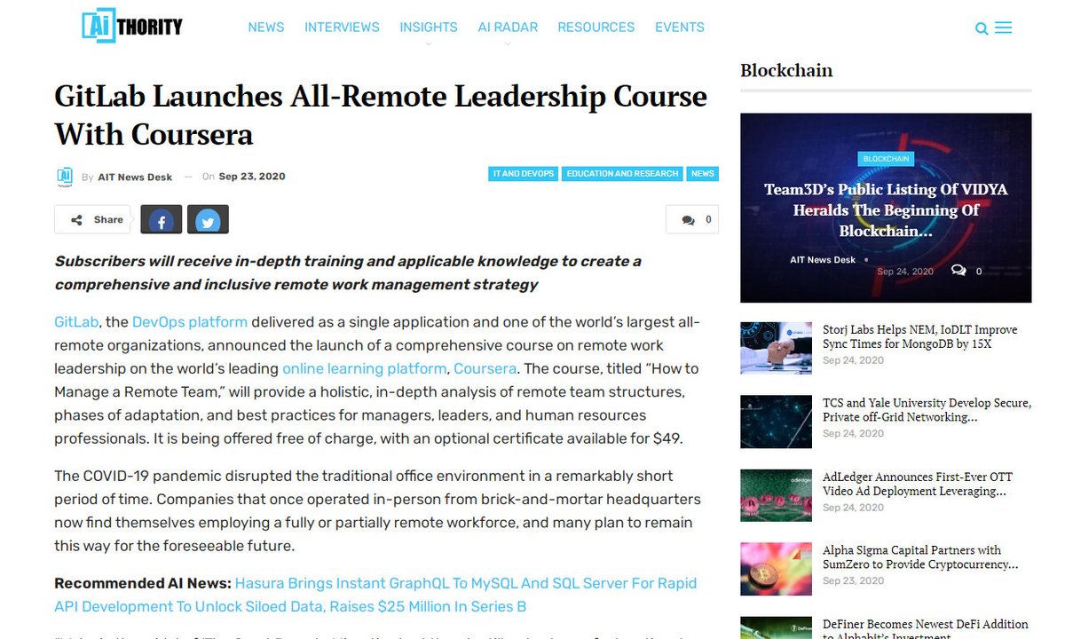 codecidedotnet's tweet image. GitLab Launches All-Remote Leadership Course With Coursera - AiThority
#singleapplication #depthtraining #inclusiveremoteworkmanagementstrategygitlab #applicableknowledge #ainews #remotework
via aithority.com
☛ amp.gs/LttQ