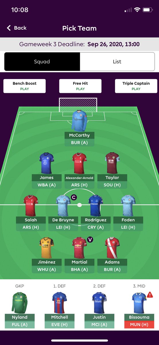 HGMco's tweet photo. Team set, was between wildcard or take a risk -8. Went with a hit. Captain KDB https://t.co/vlnEpNHyBF