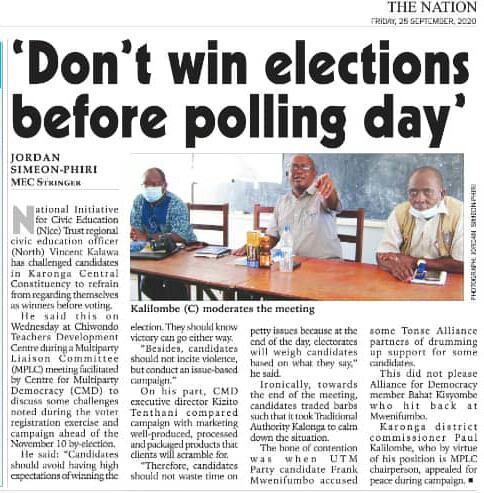 "Market yourself and wait for the people to vote for who they want" the Karonga MPLC meeting which CMD facilitated  ended on that note in an effort to call contestants in Karonga Central to embrace peaceful campaign. 'No violence'! was the slogan.