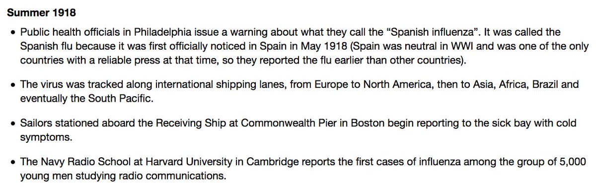 424) Another article I found states the following about the summer of 1918: “The Navy Radio School at Harvard University in Cambridge reports the first cases of influenza among the group of 5,000 young men studying radio communications.” https://www.acep.org/how-we-serve/sections/disaster-medicine/news/april-2018/1918-influenza-pandemic-a-united-states-timeline/