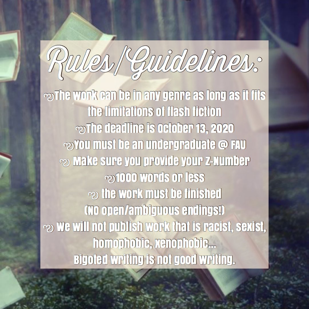 CoastlinesFAU's tweet photo. Coastlines is officially having a FLASH FICTION CONTEST! 

The rules/guidelines are bellow!

By submitting work to this contest, the author consents to having it read aloud at FAU’s National Day on Writing (virtual) event October 20 and published in Coastlines this year https://t.co/1MEn9S6MiM