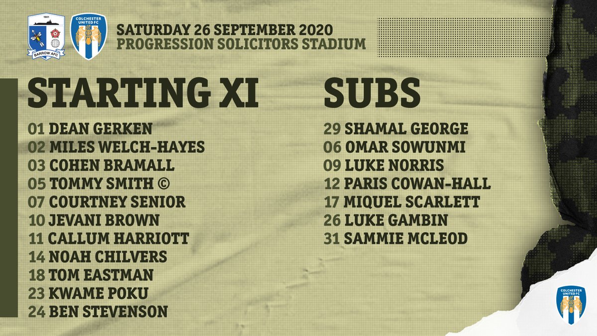ColU_Official's tweet photo. 📋 Your #ColU starting XI to face @BarrowAFC 

1⃣ Change
⬅️ Gambin
➡️ Harriott https://t.co/UGo1nNPMDI