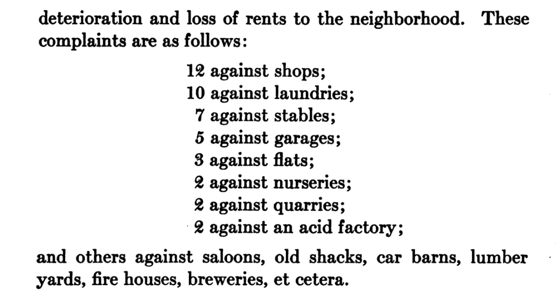 Who is harming the collection of high rents in 1917 San Francisco? It's the usual villains: shops, laundries, stables, garages, and other dangers showing a "great necessity for districting". Ban them.