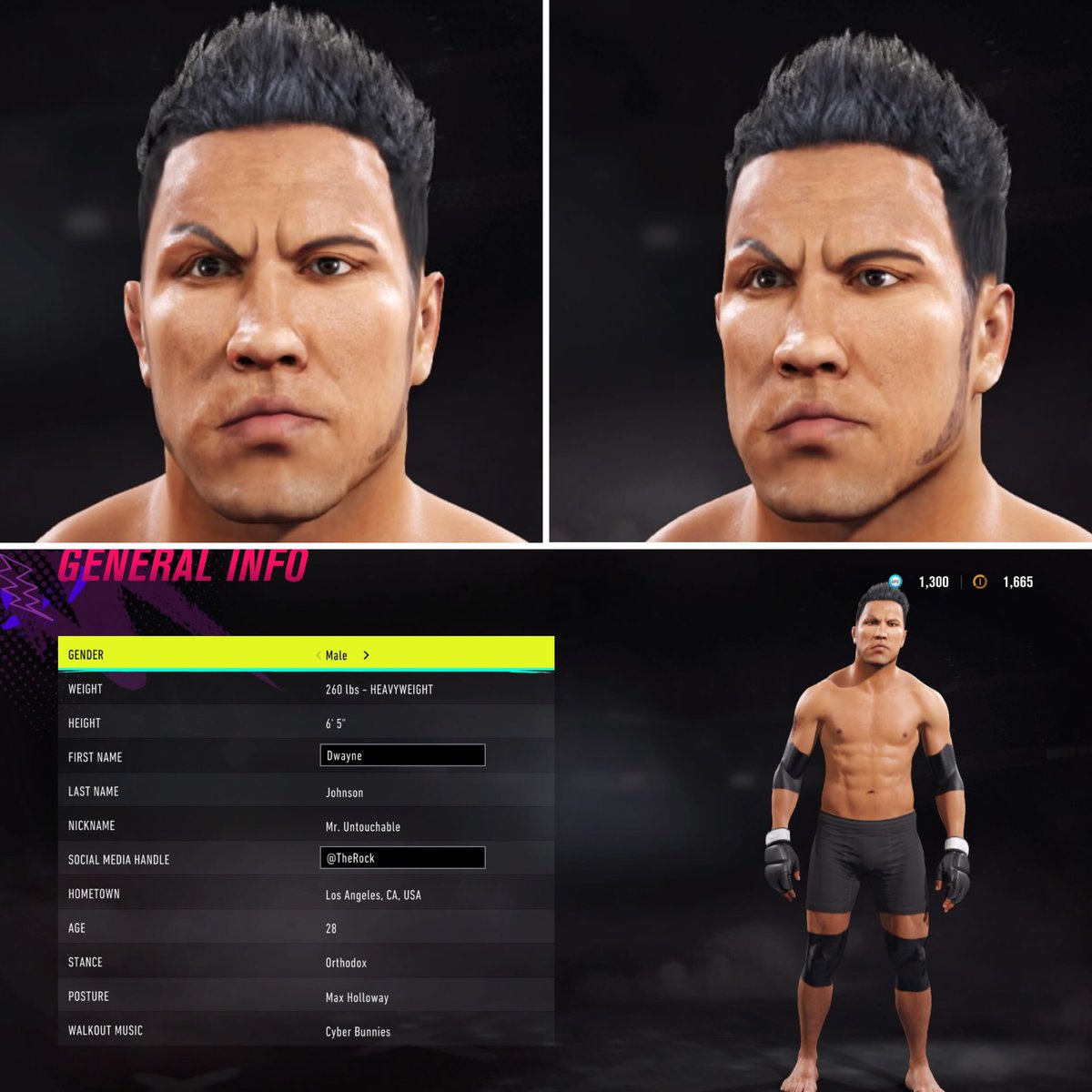 player_create's tweet photo. Today's UFC 4 created fighter: The Rock, Old School Style! #ufc4caf #ufc4createdfighter #createaplayer #ifyousmell #jabroni #candyass #itdoesntmatter https://t.co/iShnY4lizk