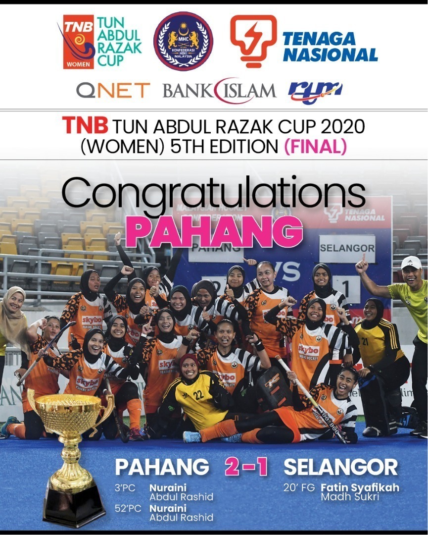 hockeymalaysia's tweet photo. ahang captured their second crown in five years when they edged favourites Selangor 2-1 in the Final of the Women’s Division of the TNB Tun Abdul Razak Cup here in Bukit Jalil. #TunAbdulRazakCup2020 #TNBTARC2020 #MalaysiaHockey #MyHoki #TNBPialaTunAbdulRazak2020 #TNBPTAR2020 https://t.co/bZrOIwhxu0
