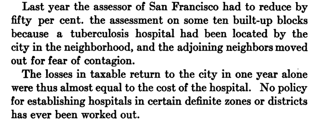 In 1916 San Francisco allowed a hospital treating Tuberculosis patients within city borders, causing a tragic loss of rents. Zoning could have prevented this public health nightmare from ever happening near the property of wealthy landowners.