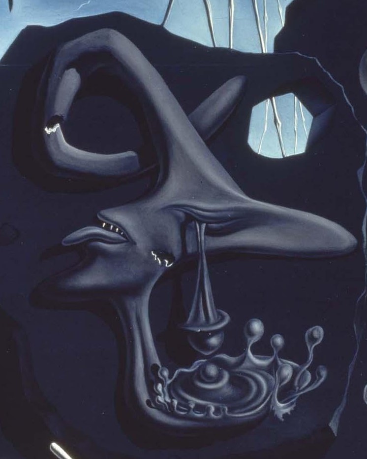 3/ Dali, figure du surréalisme, accentue ce sentiment d’étrangeté avec l’apparition d’éléments très présents dans son œuvre : éléphants aux longues jambes portant un obélisque et lâchant des « œufs », visages mous et coulants, fourmis (symbole de décomposition) …