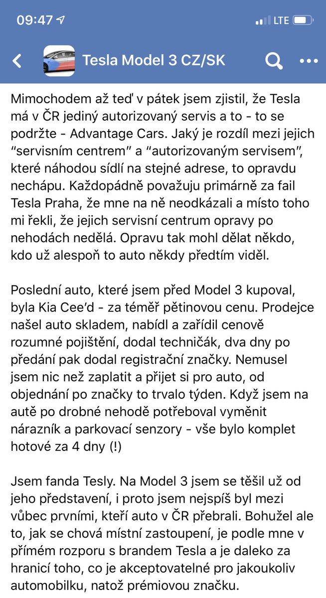 This dude sums up his horrible delivery & service experience in a long post. What stood out to me: when a licenced repair center orders a spare part from Tesla Prague (local Tesla SC), they are forced to physically pick it up in Prague, since the SC doesn’t ship it to them. 1/2