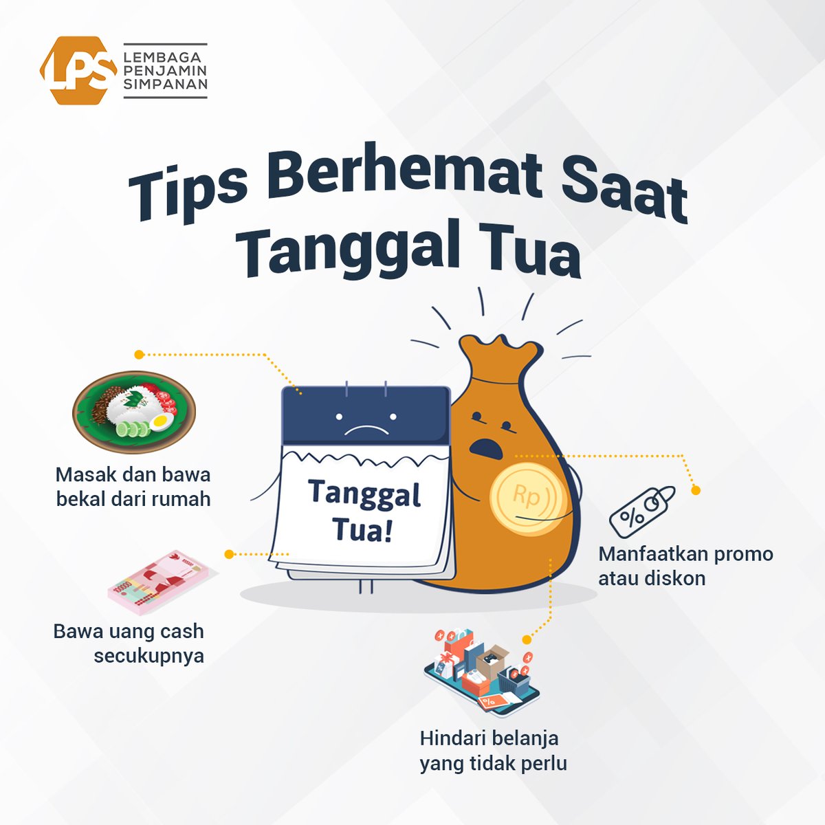 lps_idic's tweet photo. Memasuki tanggal tua, jangan khawatir isi dompet menipis. Sahabat LPS bisa mengikuti tips berhemat ini agar tanggal tua terasa ringan. Selain tips pada gambar ada tips lain yang biasa kamu terapkan? Share di reply yuuk!! #TipsLPS #GenerasiMenabung #AyoNabungdiBank #LPSIndonesia https://t.co/qnAZFkC4Sr