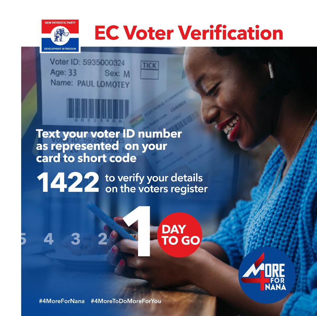 NAkufoAddo's tweet photo. It’s important to verify your details on the voters register. 1 day to go. #4MoreForNana https://t.co/0RF4YEimaS