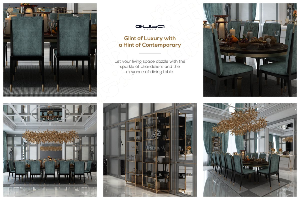 Bling it on with an epitome of luxury projected in this elegant dining table done in veneer &amp; metal inlay with polyester &amp; mirror ceiling in wooden molding The chairs have been done in veneer &amp; wood structure in solid/ash wood fabric cladding &amp; detailing to enhance the beauty