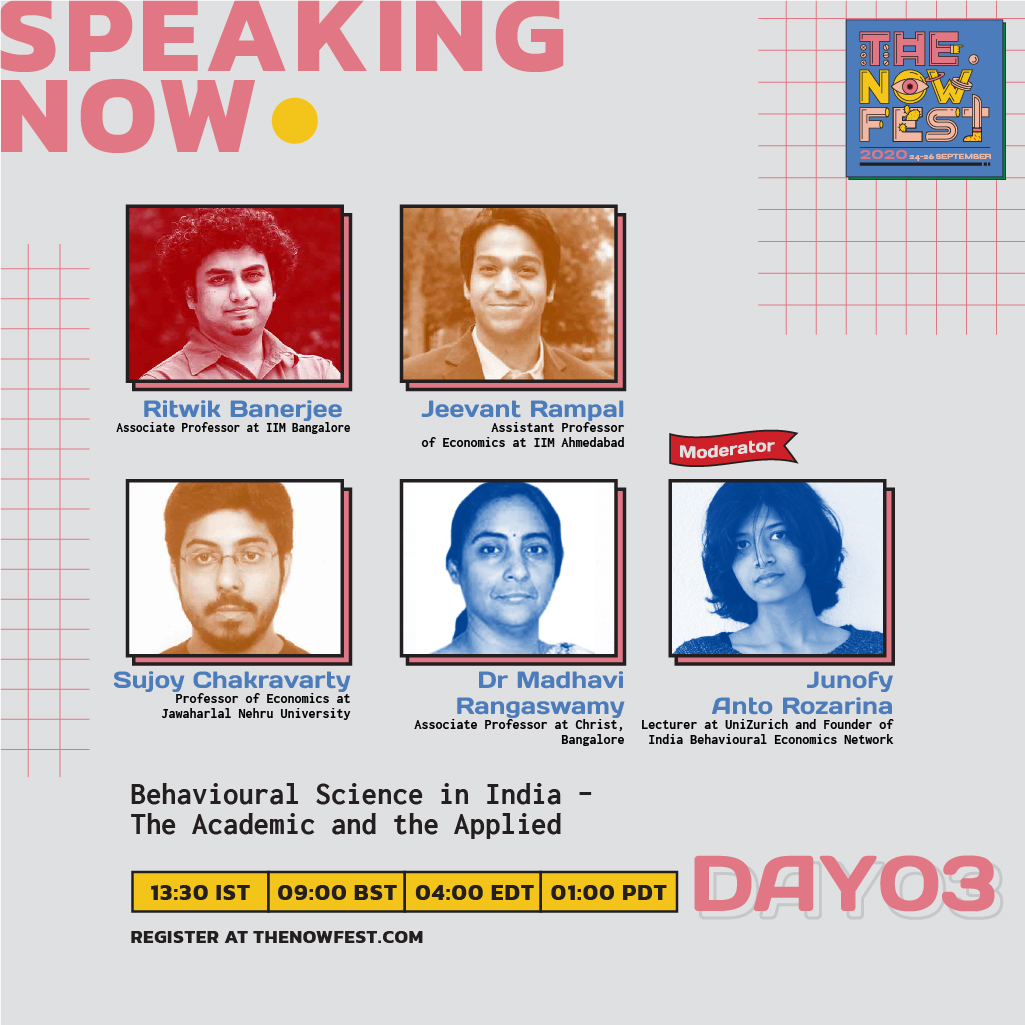 TheNowFest's tweet photo. "We are mimicking certain things from the west but we are not capturing the same things."
This super interesting discussion ranges from the problem of funding to behavioural science promotion in India.
#nowfest2020 https://t.co/yUCjijgb35