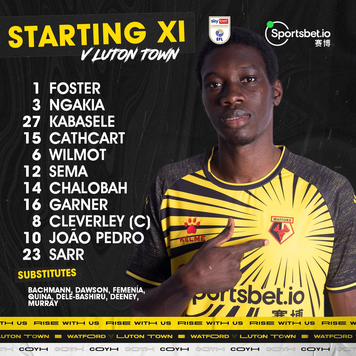 WatfordFC's tweet photo. 🚨 TEAM NEWS 🚨

Two changes from last weekend.

⬅️ Quina &amp; Murray
➡️ Garner &amp; Sarr

Deeney returns to the bench!

#HiveLive | #WATLUT https://t.co/3ryFV30Of7