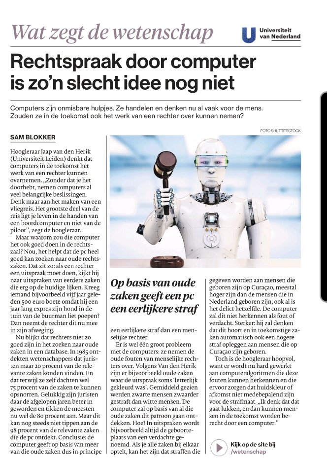 Jan_Rinkel's tweet photo. Berechting door een computer lijkt mij niet zo'n goed idee. Rechters die  ondersteund kunnen worden met IT en  algoritmen daarentegen is een goede ontwikkeling https://t.co/5t6xcnLpBv