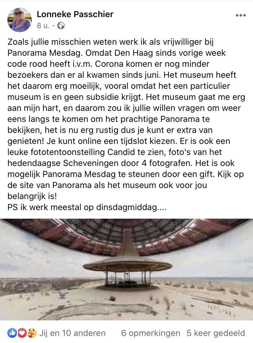 💙 Hartverwarmend!

Zoveel liefde 
Voor Museum <a href="/PanoramaMesdag/">Museum Panorama Mesdag</a> 

De hartekreet van Lonneke is raak! 
Meer dan ooit hebben musea publiek nodig. 

Kom juist nu en steun daarmee museum en collecties

In alle rust en ruimte genieten
Van een coronaproof museumbezoek

#panoramamesdag