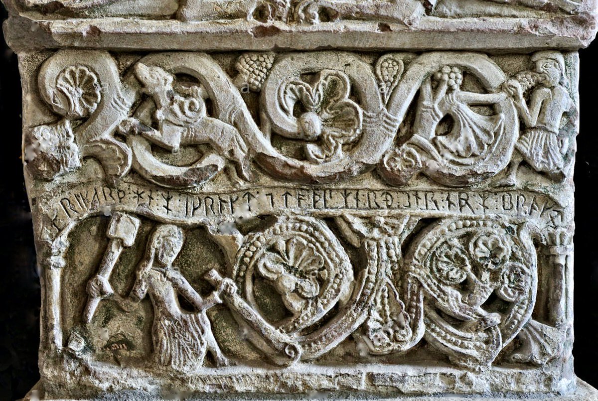 natchjourneyman's tweet photo. The font at Bridekirk, Cumbria with its Anglo/Norse runes read something like "Rikarth he made me and brought me to this splendour". So not only do we know the name of the mason/carver but also what he looked like from his 'selfie'  where he is busy with mallet &amp; (huge) chisel. https://t.co/M9ASNkcKLK
