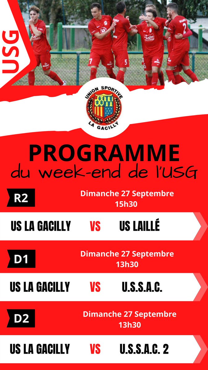 Programme du week-end! 
Venez encourager les équipes l’US La Gacilly! 🔴⚪️
⚠️ Masque Obligatoire