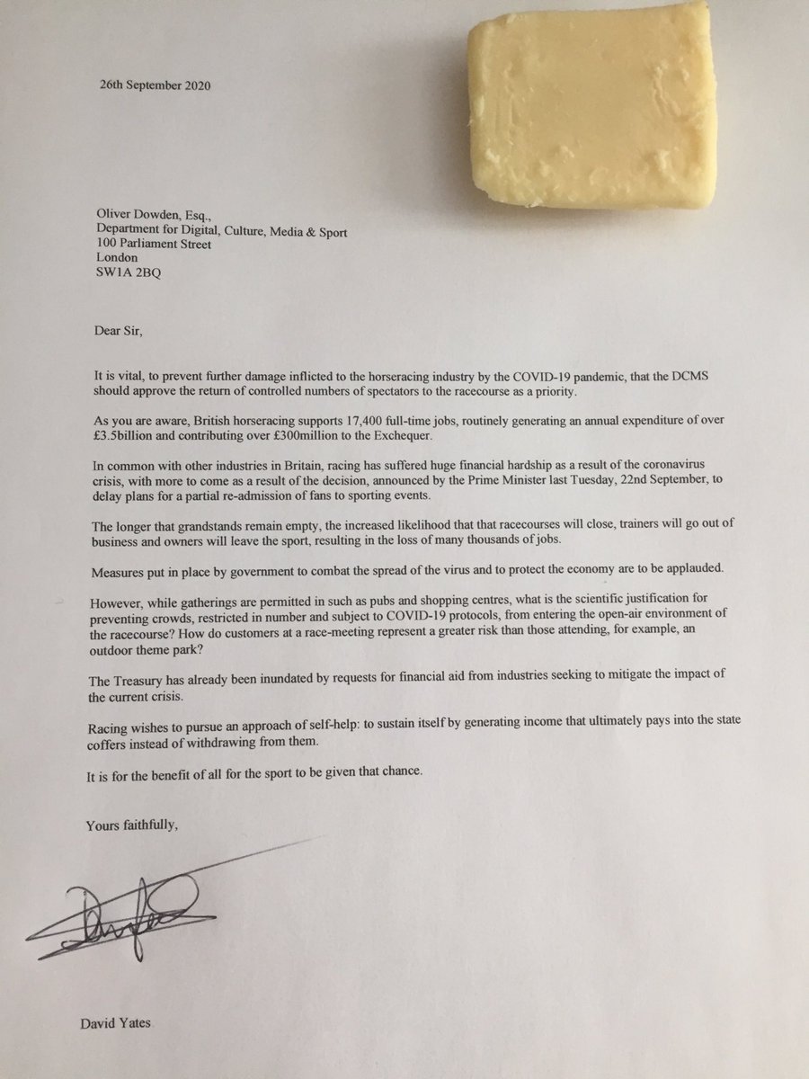 thebedfordfox's tweet image. I have written this letter to Oliver Dowden re crowds at the racecourse. If you agree with it, please feel free to copy it and send it to him - and ‘like’ or ‘retweet’ - so that the strength of feeling in our sport is plain. I have redacted my home address with a piece of cheese.