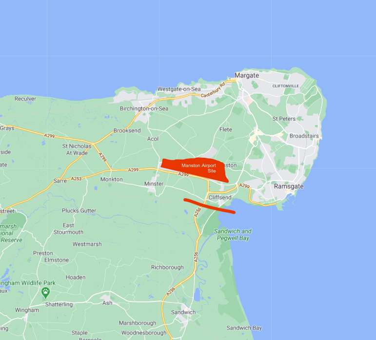 A bit more detail on the 4 main roads, north to south.First the A256 south of the Manston truck park site - the control would be where the red line is shown here. This would be the main route for trucks from Manston to Dover.