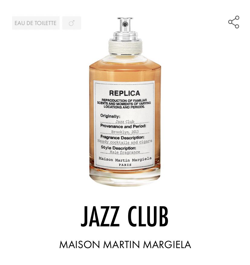 Jazz Club, Maison Martin Margiela. Ressort aussi bien sur un homme que sur une femme. Je le vois comme un « parfum de couple ». D’ailleurs, il me fait penser à l’odeur de certains hôtels. Rhum, Poivre rose, sauge, Tabac, Vanille et Vétiver