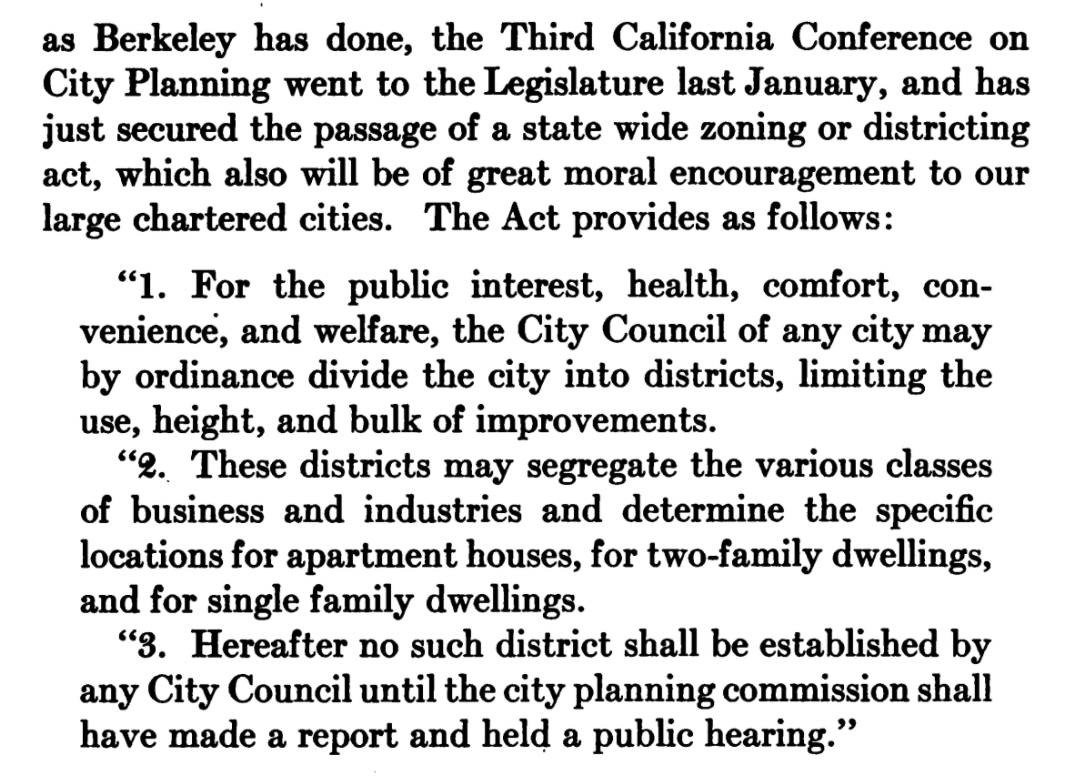 Cheney shares the text of the California zoning enabling legislation, which explicitly allows single family zoning