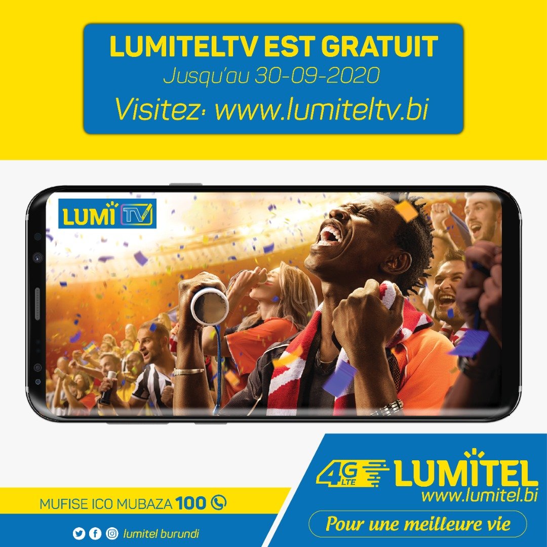 Visitez lumiteltv.bi pour regarder les chaines de télévision, les films et différents clips vidéos  gratuitement jusqu'au 30/09/2020.