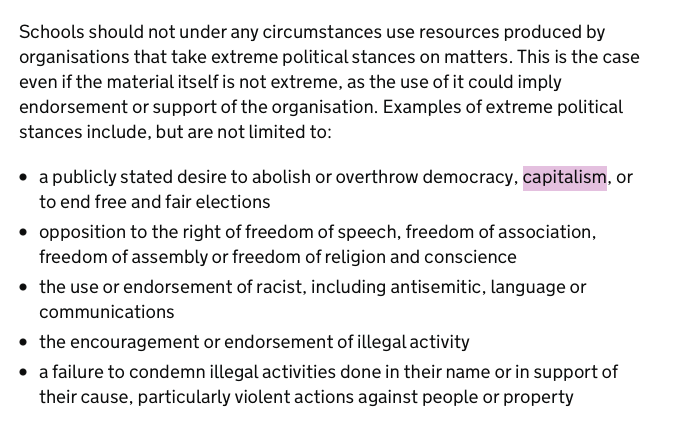 owenjonesjourno's tweet photo. This, from the government's official schools' guidance, is McCarthyism. Desiring another form of organising society other than capitalism is a valid political opinion, and this would be used to target movements such as Black Lives Matter. https://t.co/isqz2mW8Ln