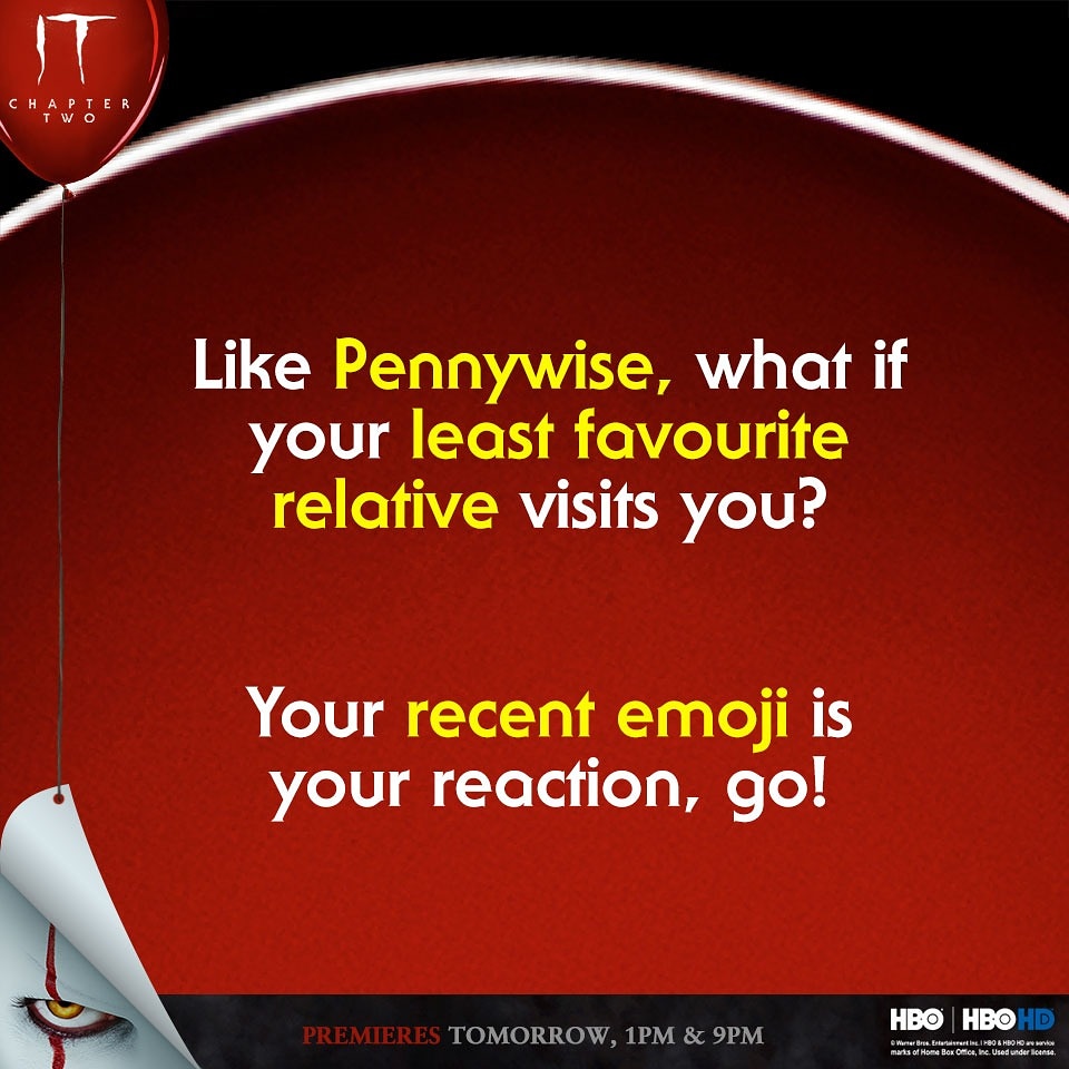HBOINDIA's tweet photo. Recent used emoji: π
Recent emoji we wished we used: π€¦π½ββοΈ
#ITisBack #MegaPremier #Horror #Fear #Pennywise #HomeOfHorrors #HBOIndia https://t.co/WAr6TFE8ti