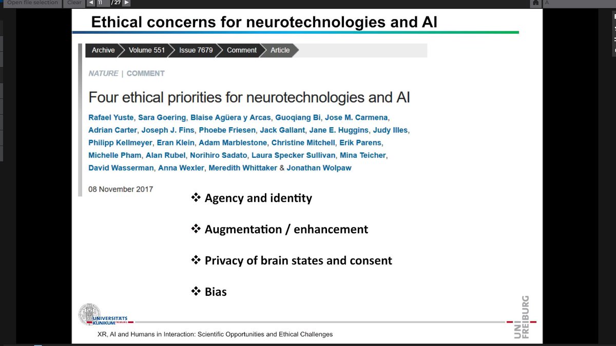 2/ Dr. Philipp Kellmeyer had some great slides & pointers to the intersection of AI, XR, & Ethics: https://responsible-ai.org/  https://www.nature.com/news/four-ethical-priorities-for-neurotechnologies-and-ai-1.22960