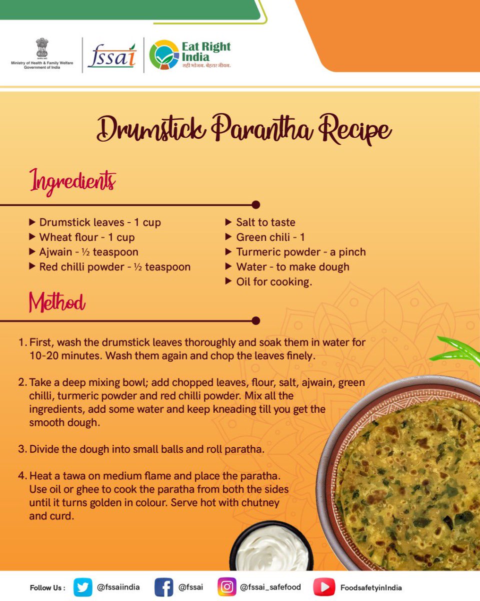 fssaiindia's tweet image. Drumstick is an effective vegetable that helps fight against common cold, flu and several other common infections. Try out this simple recipe to make Drumstick Parantha to give your body a boost of immunity. #FitIndiaMovement  #EatRight 
@PMOIndia @mygovindia @MIB_India