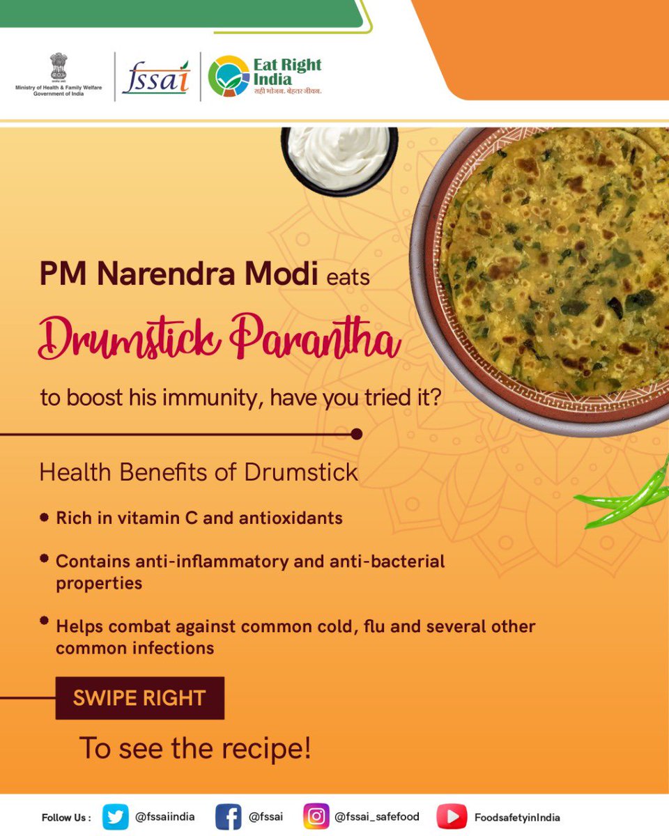 fssaiindia's tweet image. Drumstick is an effective vegetable that helps fight against common cold, flu and several other common infections. Try out this simple recipe to make Drumstick Parantha to give your body a boost of immunity. #FitIndiaMovement  #EatRight 
@PMOIndia @mygovindia @MIB_India
