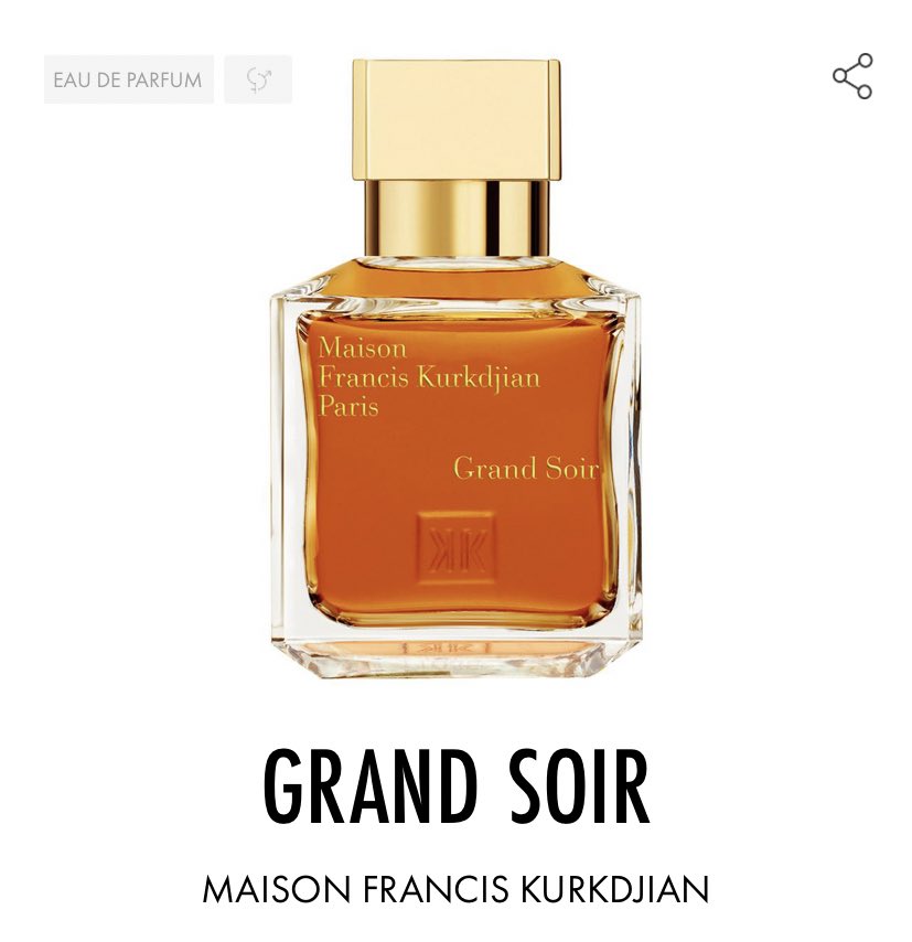 Grand soir, Maison Francis KurkdjianMon préféré. Un ambré sucré, chaleureux, parfait pour sortir.On a de la vanille, du benjoin et de la fève tonka dans ce beau flacon.