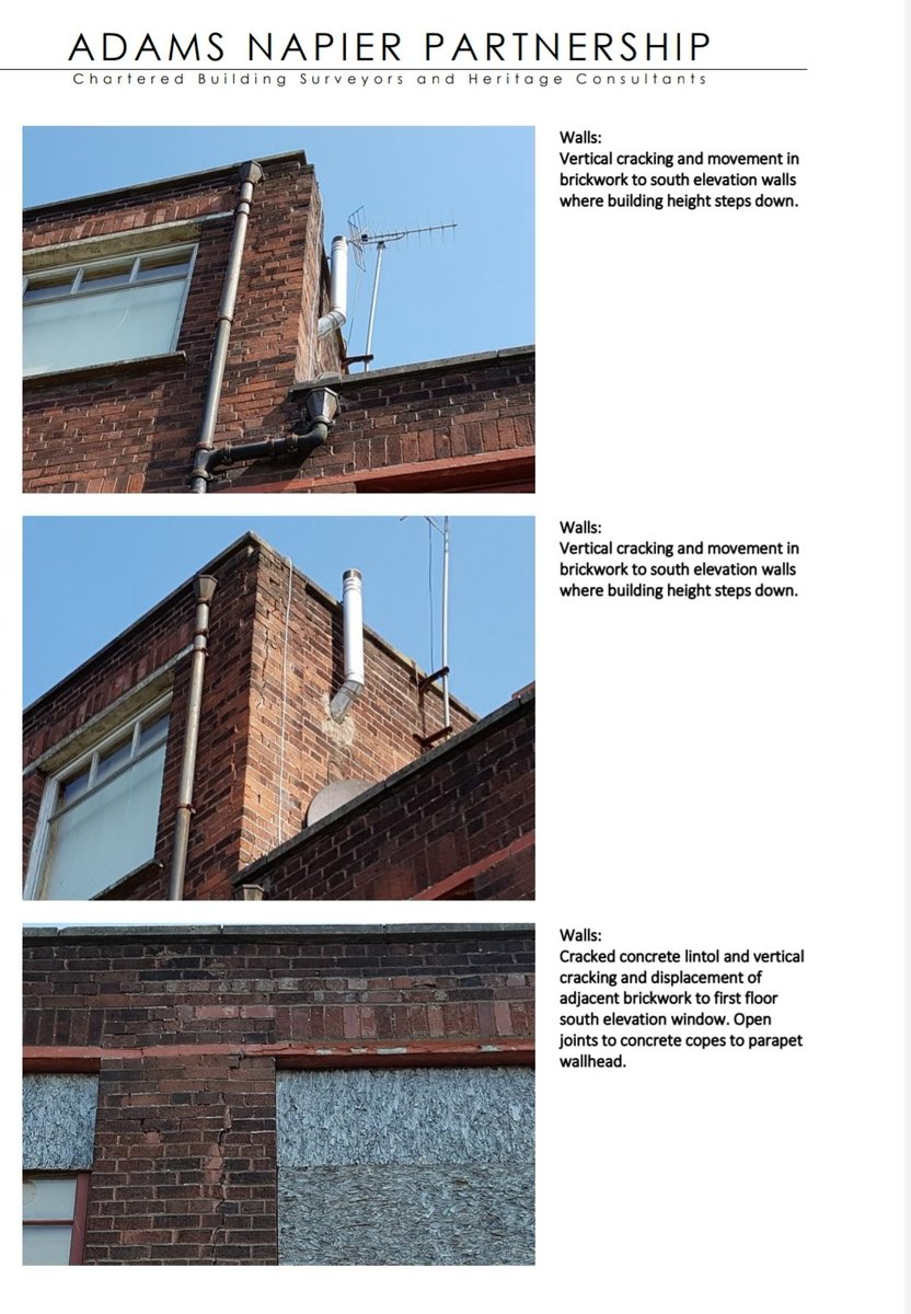 Photos of apparently terminal cracking to the brickwork (that is probably decades old settlement cracking, that has obviously previously been repaired.) This is totally feasible to repair. Certainly isn't a significant impediment to retaining this building in whole or part. 