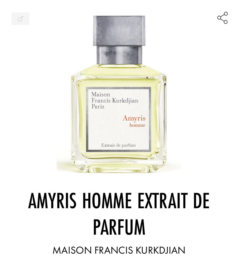 Amyris Homme Extrait de Parfum, Maison Francis Kurkdjian.Premier parfum frais du thread, excellente tenue. Une fragrance mélangeant Mandarine, Safran, Iris et Cannelle. Le tout dans un fond d’Amyris, une plante des Caraïbes.