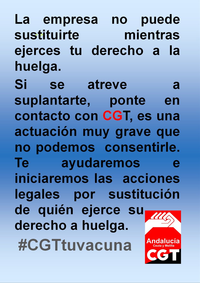 La empresa💼 no puede sustituirte⛔️ mientras ejerces tu derecho a la huelga📣. Si se atreve  a suplantarte, ponte en contacto con CGT 🟥🟥⬛️, es una actuación muy grave que no podemos  consentirle. Te ayudaremos e iniciaremos las  acciones legales por sustitución en huelga. 🧘‍♀️🧘