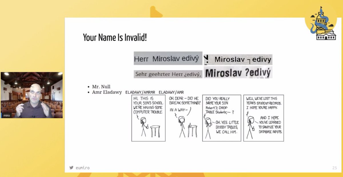 PyCon Turkey 2020 (@pycontr) on Twitter photo "Your Name is Invalid!" <a href="/eumiro/">Miroslav Šedivý</a>
It was an excellent talk, thank you! ❤️
#pycontr2020 🐍 "Your Name is Invalid!" <a href="/eumiro/">Miroslav Šedivý</a>
It was an excellent talk, thank you! ❤️
#pycontr2020 🐍