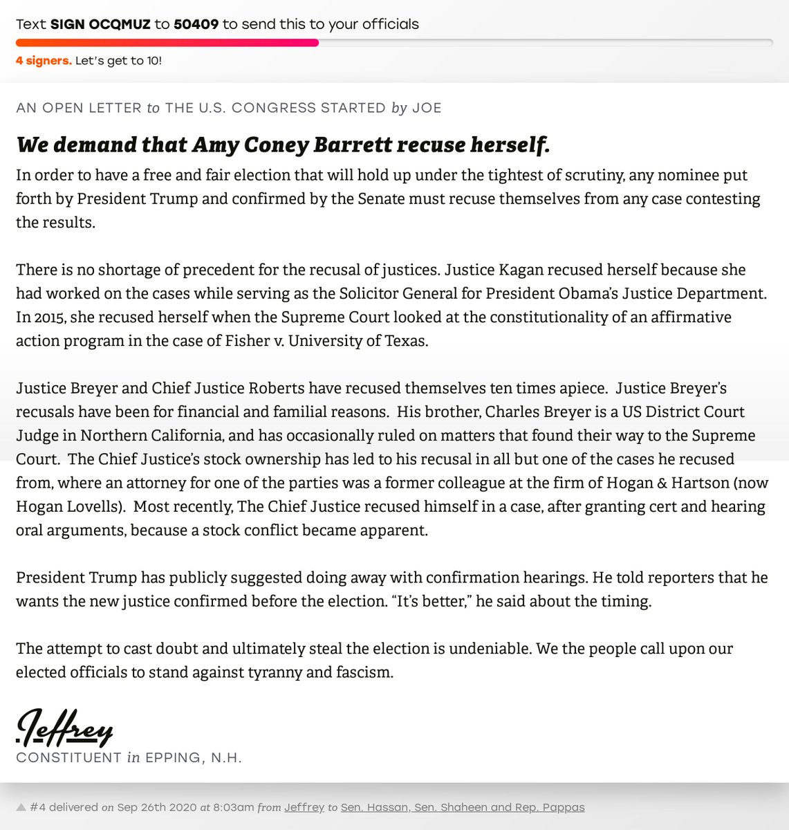 🖋 Sign “We demand that Amy Coney Barrett recuse herself.” and I’ll deliver a copy to your officials: https://t.co/pURy20HfoG
📨 No. 4 is from Jeffrey to @Senatorhassan, @SenatorShaheen and @RepChrisPappas #NH01 #NHpolitics #fitn https://t.co/9v4JvxA8ni
