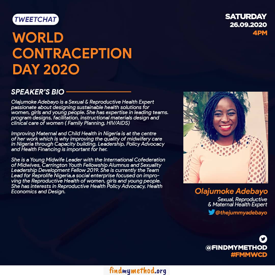 Reprolife_ng's tweet photo. Join our founder @thejummyadebayo on @findmymethod tweetchat. #WorldContraceptionDay2020 https://t.co/lXBsruT5Vg