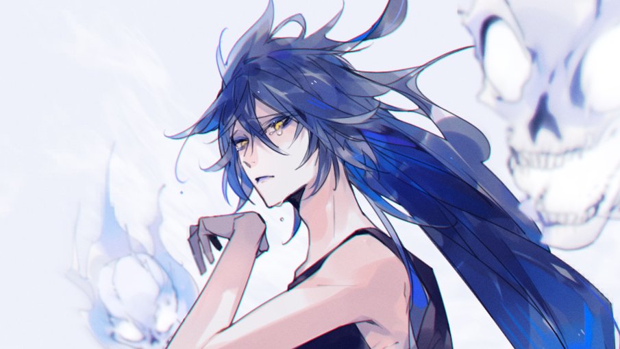 male focus 1boy long hair fiery hair solo yellow eyes blue hair  illustration images