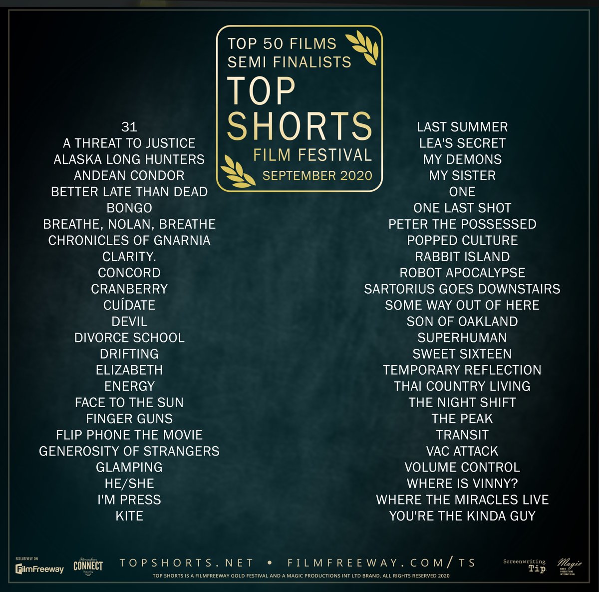 Top50! Congratulations to the Semi-Finalists. filmfreeway.com/ts #topshorts #topshortsfilmfestival #filmfestival #filmfreeway #imdb #magicint #filmcon #filmmakersconnect #filmmaking #shortfilm #indiefilm #top50 #top50films